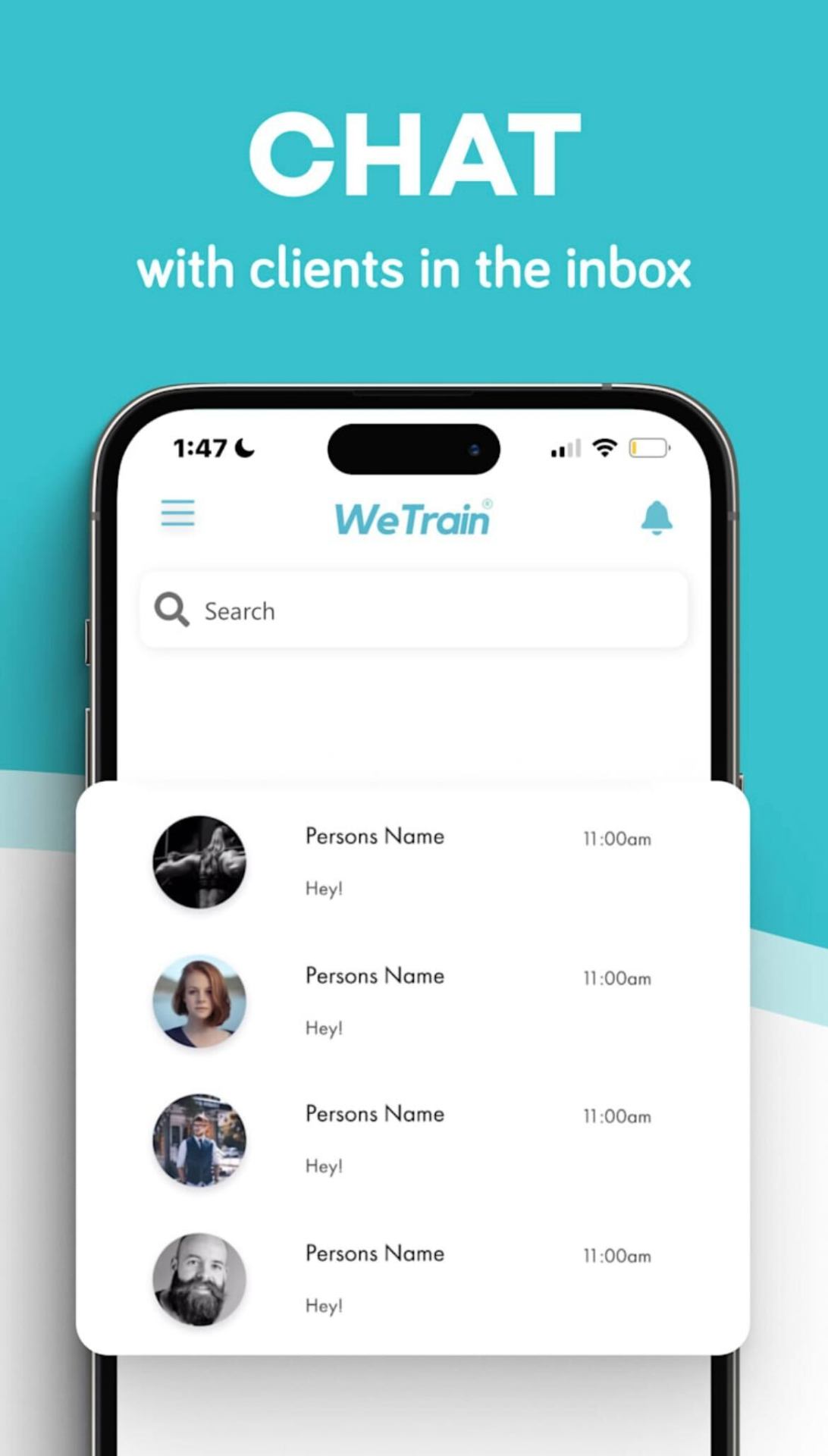 Chat with trainers and clients in the inbox